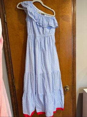 Chicos One-Shoulder Blue Stripe Ruffle Maxi Dress